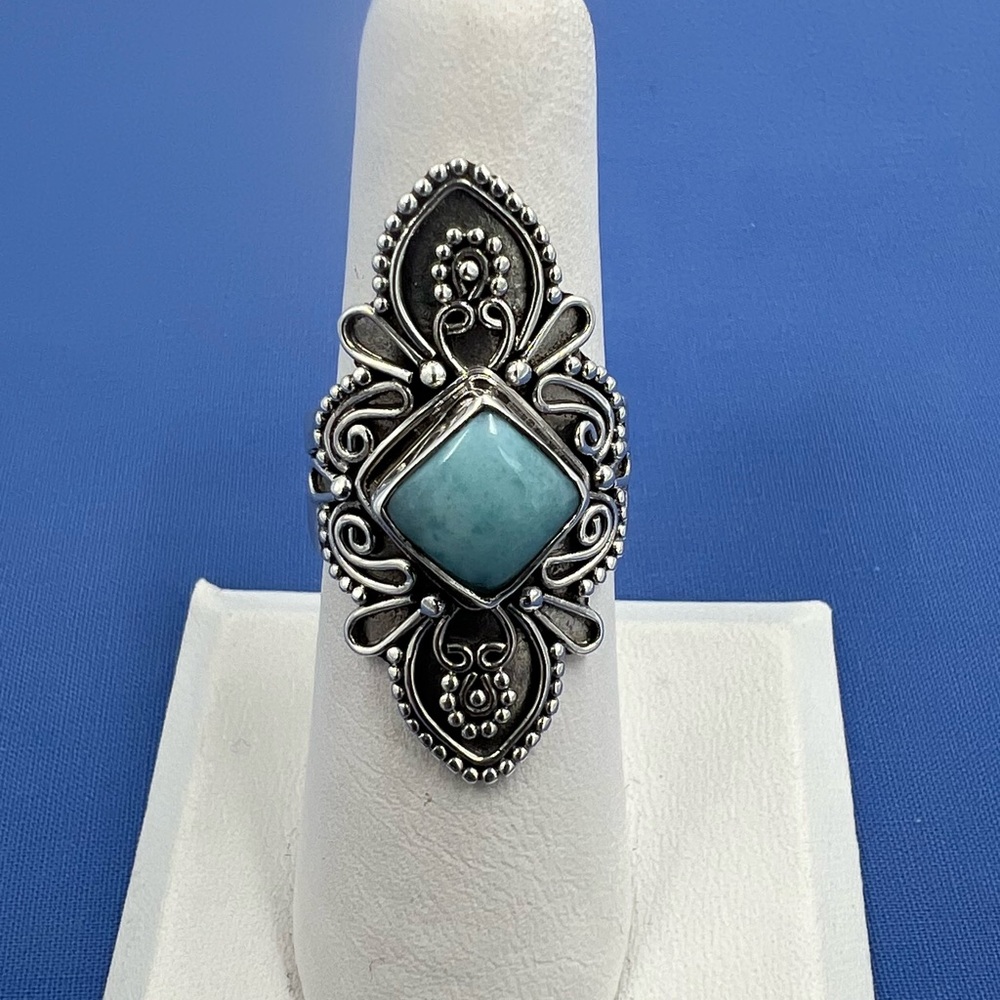 Sterling Silver 925 Statement Ring Larimar Diamond Square Filigree Sz 7